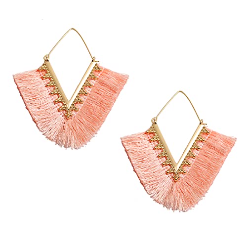 Tassel Hoop Earring Statement Thread Dangle Earrings Stylish Long Fringe Drop Earrings Lightweight Long Swingy French Hook Earrings for Women - color: A Pink