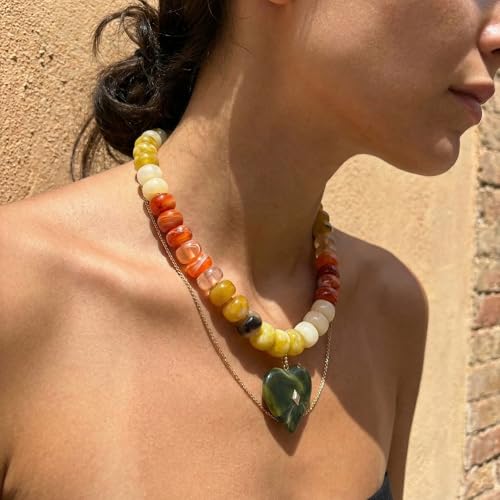 Elegance 11 designs Chunky Heart Necklace for Women, Colorful Acrylic Beaded Statement Puff Heart Necklace, Cute Boho Y2K Choker Necklace for Gift Jewelry - color: Green Heart Pendant Necklace