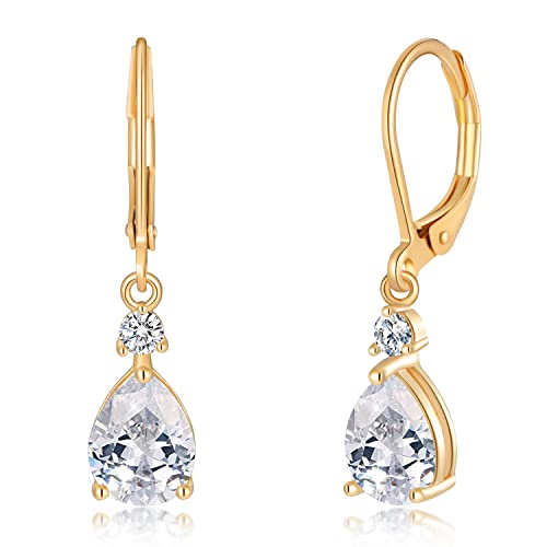 CiNily Teardrop Leverback Dangle Earrings for Women Hypoallergenic 14K Gold Plated Cubic Zircon Drop Earrings Fashion Crystal Earrings for Girls Jewelry Christmas Gifts - color: Gold-White CZ