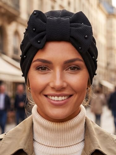 Bohend Stretchy Bowknot Turban Headband Elastic Cap Non Slip Bonnet Beanie Headwrap Hats for Women and Girls - color: Black