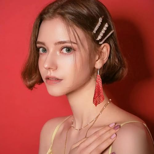 Sequin Earrings for Women Metal Mesh Grid Sequins Tassel Long Drop Dangle Earrings Trendy Charms Bridal Wedding Jewelry - color: Red