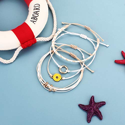 FANCY SHINY Easter Gifts Basket Stuffers Sunflower String Bracelet Boho Braided Rope Wrap Bracelets Cute Summer Beach Surfer Jewelry for Women - color: Wheat