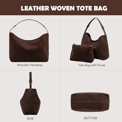 Leather Woven Tote Bag for Women, Vintage Suede Woven Hobo Bag, Large Crossbody Shoulder Slouchy Handbag - color: Coffee