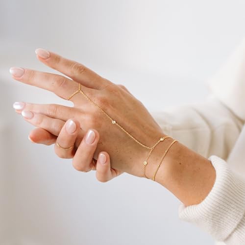 CHESKY 14k Gold Plated Hand Chain Bracelet for Women Trendy, Dainty Ring Bracelets Hand Chain Finger Nail Bracelet Simple Gold Hand Jewelry for Women Gifts - style: Zironia