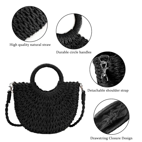 Womens Straw Beach Bag Woven Crossbody Shoulder Bags Top Handle Satchel Handbag Purse for Summer - color: Black
