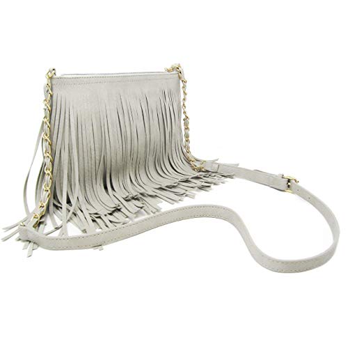 Solene Fringe Crossbody Shoulder Bag with Strap, Tassel Messenger bag, Country Style Western Fringe Purse for Women - color: Grey