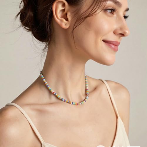 Beaded Gemstone Necklaces for Women Colorful Boho Choker Necklace Beauty And Spirit For Women (blue-silver) - color: mix-blue