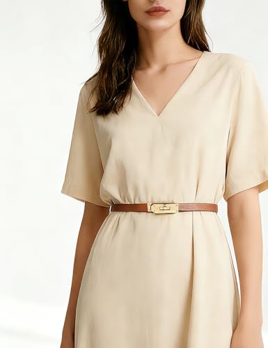 BEMYLV Skinny Belts for Women Dresses Turn-Lock Gold Buckle Adjustable Fashion Waist Belt for Pants Jeans Business Casual - color: Brown+light Khaki