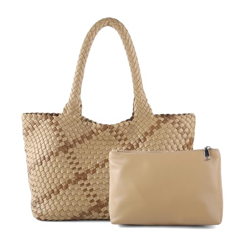 Woven Tote Bag Womens Purse Vegan Leather Shoulder Handbags Fashion Summer Beach Tote Bags Large Travel Totes - color: Apricot-b