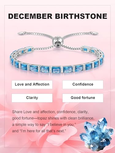 Radiant Cut Birthstone Tennis Bracelets for Women, Adjustable 6–9 Inches White Gold Plated Sterling Silver Bracelet, Hypoallergenic Anniversary Birthday Valentine’s Day Gift for Her - color: 12-Swiss Blue Topaz