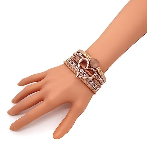 Womens Multi Layer Heart Leather Wrap Bracelet Boho Stackable Cuff Bangle Magnetic Clasp Crystal Birthday Valentine Gift - color: Rose-gold