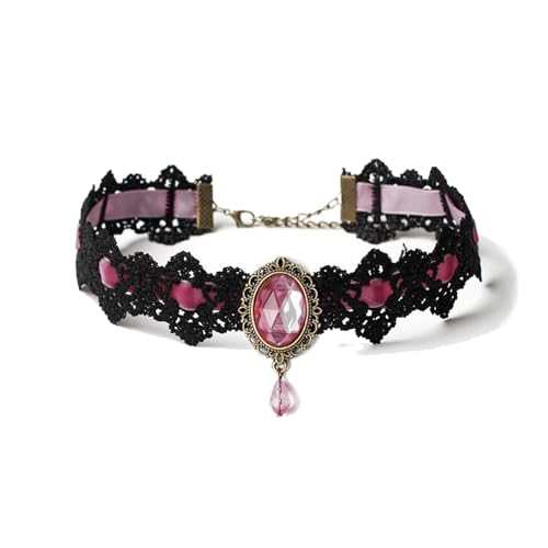 Gothic Vampire Choker Necklace for Women Adjustable Vintage Victorian Mystery Pirate Witchy Jewelry Emo Punk Black Lace Choker Costume - color: pink