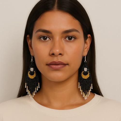 Bohemian Beaded Long Tassel Dangle Earrings for Women, Handmade Jewelry White Tarnish Resistant Lightweight Design, Stylish Accessory for Beach Vacation Party and Gift - color: black