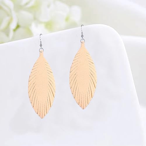 Large Genuine Soft leaf Leather Handmade Fringe Tassel Feather Lightweight Tear Drop Dangle Color Earrings for Women - color: Beige