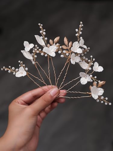 Beads Pearl Hair Pins, 6 Pcs Bridal Handmade White 3D Pinch Flower Fairy Bride Wedding Hair Pieces Leaf U Shaped Hair Accessories Headpiece Bridesmaids Women Girls Gold - color: Gold / Beads White Flower