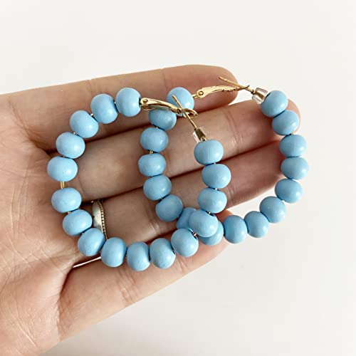 Handmade Nature Wooden Beaded Hoop Earrings Bohemian Minimalist Colorful Circle Round Wood Bead Earrings Vintage Chic Wooden Ethnic Dangle Drop Earrings for Women Statement Jewelry Gifts - color: Light Blue