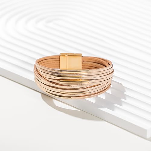 FANCY SHINY Boho Leather Bangle Bracelets Stackable Noodle Tube Bracelets Layered Wrap Cuff Bracelets with Magnetic Clasp - color: Rosy Metallic