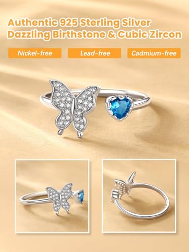 Bestyle 925 Sterling Silver Butterfly Ring Hypoallergnic Adjustable Birthstone Rings for Women Butterfly Jewelry Gifts for Anniversary Mothers' Day Birthday - color: 12.December (Blue Topaz)