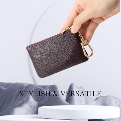 Full Grain Leather Coin Purse with Key Chain - Small Change Purse Keychain Card Holder Keychain Pouch Small Keychain Wallet for Women and Men (Eggplant Purple) - color: Eggplant Purple, Regular Size