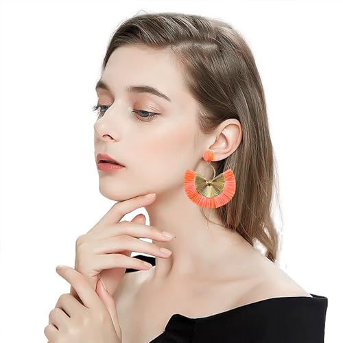 Anmpab Straw Fan Bohemian Tassel Earrings for Women Trendy Colorful Fringe Summer Beach Statement Earrings - color: Orange