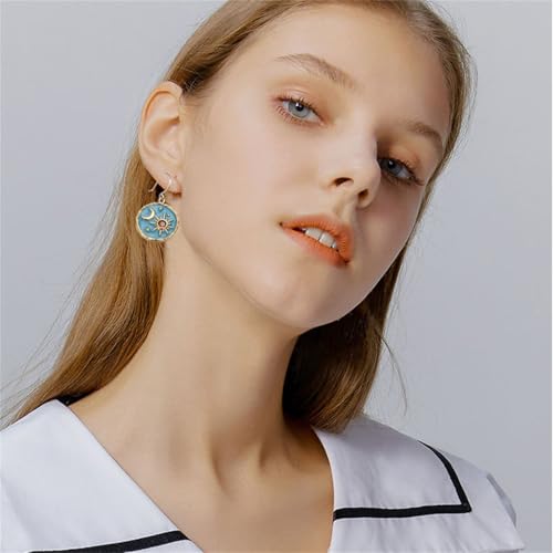 MALOYANVE Vintage Sun and Moon Drop Dangle Earrings for Women Unique lightweight Handmade Retro Boho Antiqued Gold Silver Round Coin Earrings for Women Jewelry - color: Gold Blue Earrings