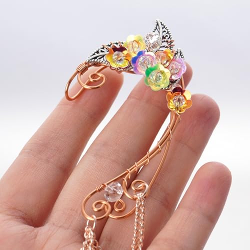 Elf Ear Cuffs, OwMell Handcraft Silver Pointed Fairy Elven Cosplay Fantasy Costume Bridal Wedding Earrings for Non Pierced Ears - style: Colorful Flowers with Pendant