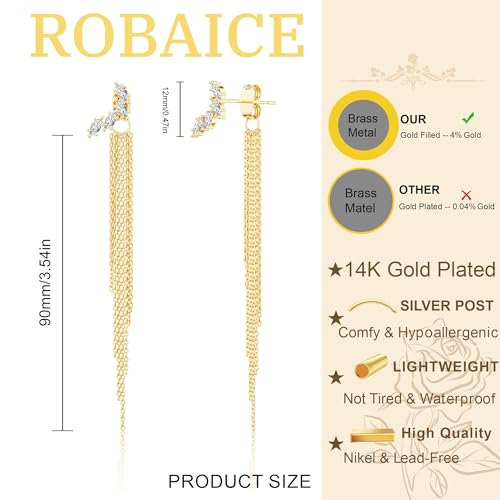 Robaice Gold Long Prom Earrings for Women, 14K Gold Plated Pearl Dangle Drop and Chain Tassel Threader Earrings Dangling，Rhinestone Zirconia Hypoallergenic Bride Party Prom Gold jewelry，Women Gifts - style: F-cz dangle drop tassel