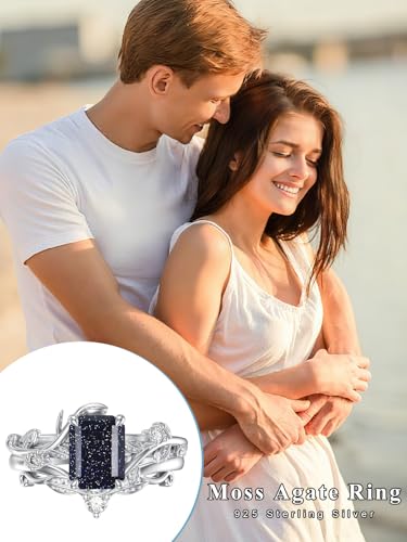 Natural Moss Agate Ring for Women 925 Sterling Silver Pear/Oval/Kite/Heart/Hexagon/Emerald/Coffin Cut Green Leaf Moss Agate Engagement Ring Promise Bridal Set Anniversary Birthday Jewelry Gifts - color: Emerald Cut Blue Sandstone