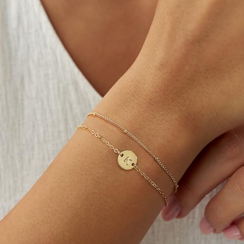 MONOZO Gold Initial Bracelets for Women Girls Jewelry Gifts Trendy - Dainty 18K Gold Plated Disc Monogram Letter A-Z Initial Bracelets for Women Girls Teens Personalized Letter Bracelet Birthday Gifts - color: Gold, style: A.