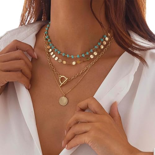Boho Layered Gold Turquoise Necklace for Women Multi Strand Western Beach Jewelry Stackable Chain with Toggle Clasp Disc Pendant Trendy Fashion Jewelry - color: gold