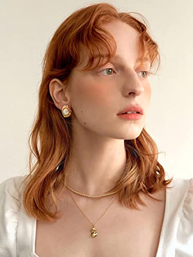 18K Gold Love Knot Stud Earrings for Women Statement Button Pearl Stud Earrings Minimalist Cute Small Post Earring - color: 2. Pearl