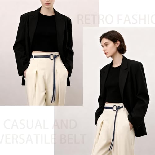 Knotted Waist Belt for Women PU Leather Thin Strap Belt for Dresses - color: Navy Blue