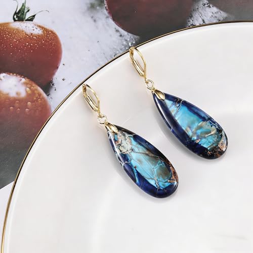XGALBLA Boho Long Teardrop Stone Dangle Drop Earrings for Women Natural Healing Stone Leverback Earrings Statement Gold Tone - color: lighe and Deep Blue- Golden Leverback