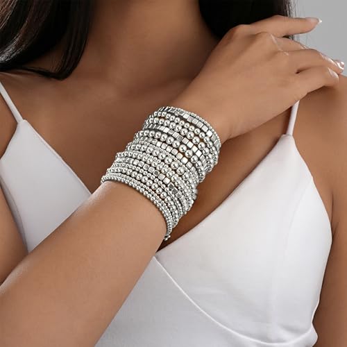 ÌF ME 16 PCS Gold Bead Bracelet for Women, Gold Beaded Stretch Plated Stackable Strand Bead Ball Bracelets stack Adjustable Jewelry Set for Gifts - color: 16 PCS Silver