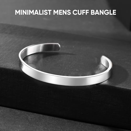MEALGUET Stainless Steel Mens Cuff Bracelet : Minimal Cool Silver/Black/Gold Plated Open Metal Cuff Bangle Bracelets for Men,Mens Bracelet Jewelry Gift - color: Silver-Single, size: Medium( fit 5.5"-7.2" wrist)