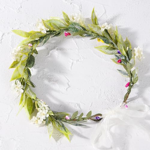 White Flower Crowns Headband, Artificial Boho Floral Headpiece with Green Leaf, Fairy Forest Elven Headwear with Ribbon for Women Girls Bridal Wedding Renaissance Festivals Hair Accessories - color: Bohemian White