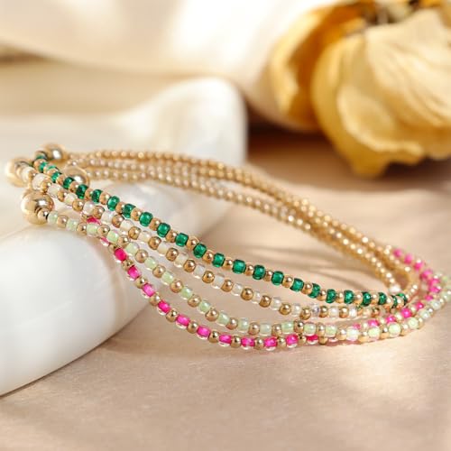 Gold Beaded Stackable Friendship Bracelets Set for Women, Handmade Boho Stretch Summer Jewelry Gift. - color: gold green fuchsia white