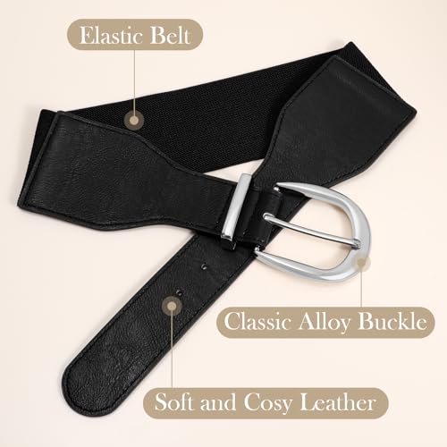 XZQTIVE Women Wide Elastic Waist Belt for Dresses Fashion Cinch Belts Stretchy Waistband with Gold Buckle - color: Black(silver Buckle), size: Fit Waist Size 34"-37"
