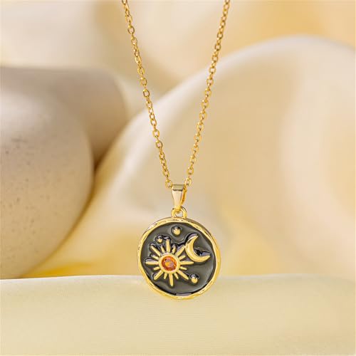 Dreuyet Vintage Sun Moon Earrings and Necklace Set for Women Boho Antiqued Crytal Sun Moon Dangle Drop Earrings Necklace Unique Handmade Retro Round Coin Celestial Jewelry Gifts - color: Gold Black