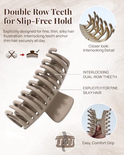 Mesovor 4 Pack Double Row Teeth Claw Clips for Thin Hair, 3.5" Medium Strong Hold Matte Hair Clips for Thin and Short Fine Hair Accessories (Brown Neutral Matte) - color: Brown Neutral Matte