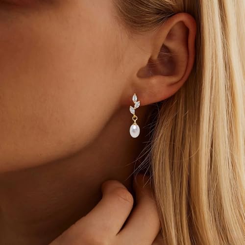 Pearl Earrings for Women, 14k Pearl Drop Dangle Earrings Gold Earrings for Women Trendy Cute Prom Bridal Earring Flower Long Earring Wedding Jewelry - color: style-5
