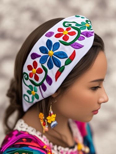 FANFAN Women's Mexican Embroidered Boho Headband - Twist Knotted Criss Cross Elastic Floral Hair Band Adjustable Head Wrap for Wedding, Party & Everyday Use E9 (White, Free Size) - color: White