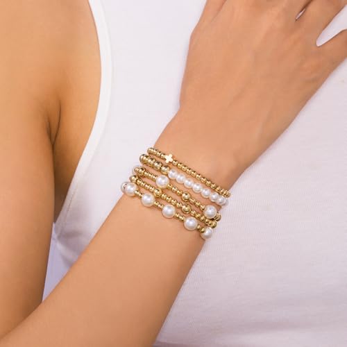 VIBILIA Gold Beaded Bracelets Set for Women 14K Gold Plated Dainty Pearl Cross Bracelet Stack Stretch Bracelet Set Fashion Accessories Gifts - color: 5P-#2