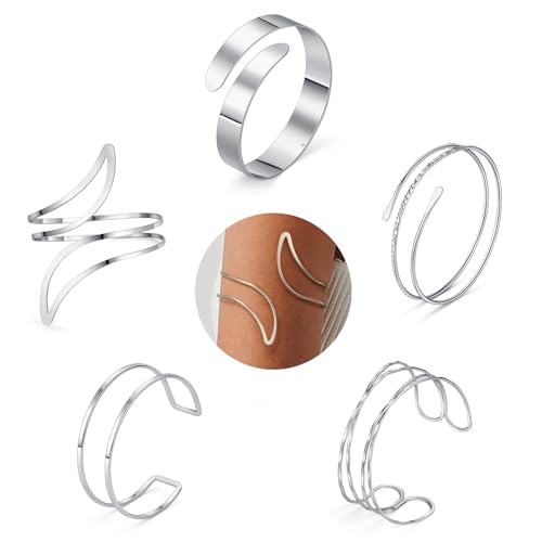 Giovanchi 5 Pieces Arm Cuff Upper Arm Band Cuff Bracelets for Women Adjustable Armband Set - style: A-Silver