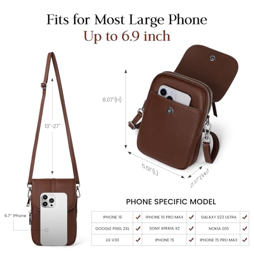 befen Genuine Leather Small Crossbody Bags for Women, Multi Pocket Cell Phone Crossbody Purse with RFID Blocking Card Slots - color: Dark Brown