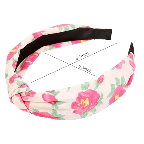 Huachi Hot Pink Headbands for Women Girls, 4 Packs Cute Flower Printed Knotted Head Bands for Women’ s Hair, Non Slip Fashion Wide Top Knot Womens Hairbands, Girls Pink Trendy Stuff Hair Accessories