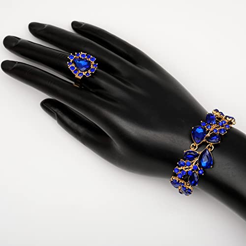 CSY 4 Pcs/Set Austrian Crystal Necklace Earrings Bracelet Ring Bridal Jewelry Sets for Brides Wedding Party Costume Accessories Gifts for Women - color: 02-gold plated-royal blue