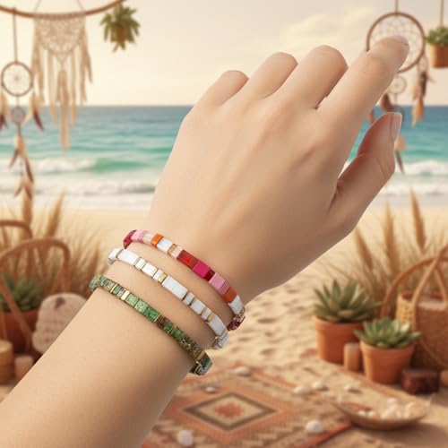 Tila Flat Square Stack Beaded Bracelets Set for Women Men, Boho 3Pcs Romantic Handmade Healing Gold Colorful Stretch Accessories Jewelry, Daily Vacation Party Holiday Friendship Gift - color: Red White Green