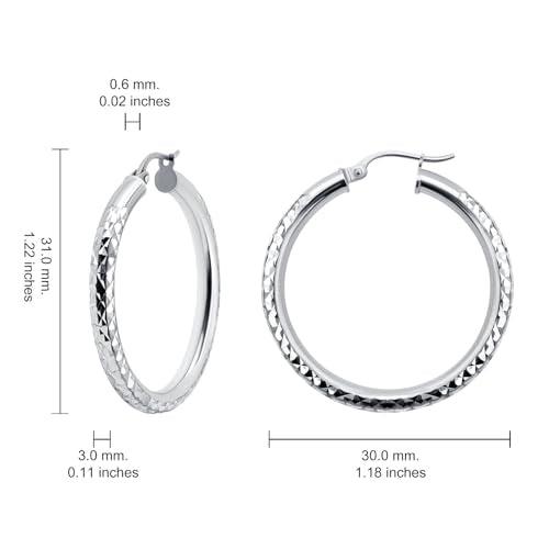 Hoops & Loops 925 Sterling Silver Diamond-Cut Round Hoop Textured 3mm Click-Top Earrings for Women, Slver, Two-Tone 14K Yellow Gold Flash Plate 15/20/25/30/35/40/45/50mm Hoops - color: Silver, size: 30mm (1.2'')
