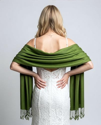 Achillea Lightweight Pashmina Scarf for Women – Soft Silky Shawl Wrap for Evening Dresses, Bridesmaids & Everyday Wear - color: Olive Green